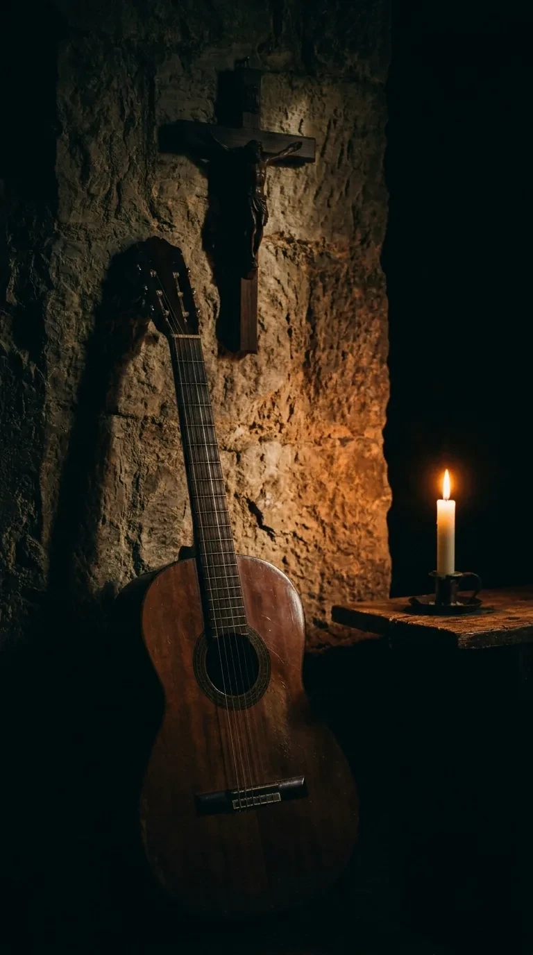 Guitarra clásica apoyada en una pared de piedra con luz de vela